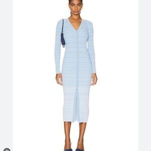 STAUD Light Blue Striped Midi Dress